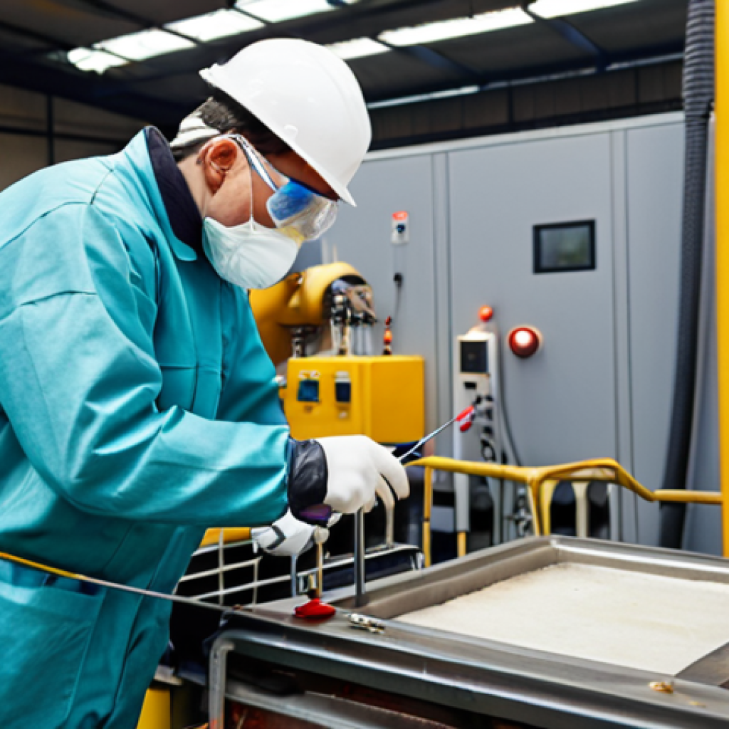 An environmental technician measuring pollutants at a factory, focusing on practical skills in pollution control.