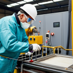An environmental technician measuring pollutants at a factory, focusing on practical skills in pollution control.
