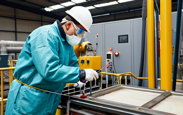 An environmental technician measuring pollutants at a factory, focusing on practical skills in pollution control.