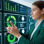 A professional environmental engineer, fully clothed in a modest business suit, working in a futuristic green technology lab. She is observing interactive holographic displays showing environmental data visualizations and sustainable energy models. The lab features advanced sensors, sustainable materials, and glowing green energy elements. The scene is well-lit, focusing on innovation and technological progress. safe for work, appropriate content, fully clothed, professional, perfect anatomy, correct proportions, natural pose, well-formed hands, proper finger count, natural body proportions, high quality professional photography.