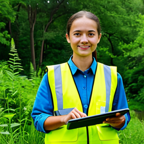 Home 24 **
"A young, professional environmental official, fully clothed in appropriate work attire, standing confidently in a well-maintained nature preserve. She is holding a tablet displaying environmental data. Background shows lush greenery and a clear sky. Perfect anatomy, correct proportions, natural pose, well-formed hands, proper finger count, natural body proportions, safe for work, appropriate content, professional, modest, family-friendly."
**