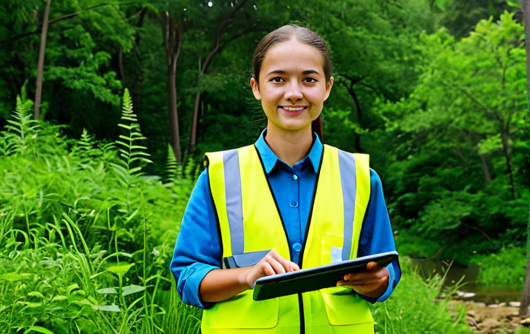 **
"A young, professional environmental official, fully clothed in appropriate work attire, standing confidently in a well-maintained nature preserve. She is holding a tablet displaying environmental data. Background shows lush greenery and a clear sky. Perfect anatomy, correct proportions, natural pose, well-formed hands, proper finger count, natural body proportions, safe for work, appropriate content, professional, modest, family-friendly."
**