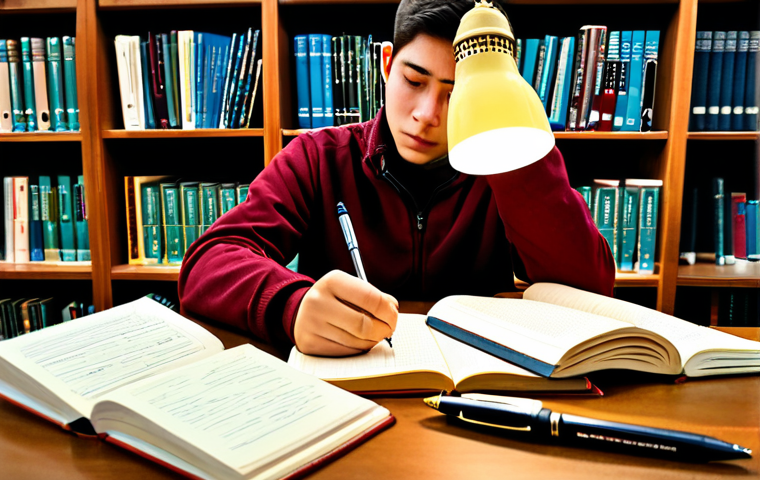 **
A focused student, fully clothed in appropriate study attire, at a desk covered with books and notes, highlighting a textbook with a pen. Bookshelves and a warm lamp in the background. "Key summary notes" are visibly written on a notebook. Safe for work, appropriate content, perfect anatomy, correct proportions, natural pose, well-formed hands, proper finger count, professional, modest, family-friendly, high quality.
**