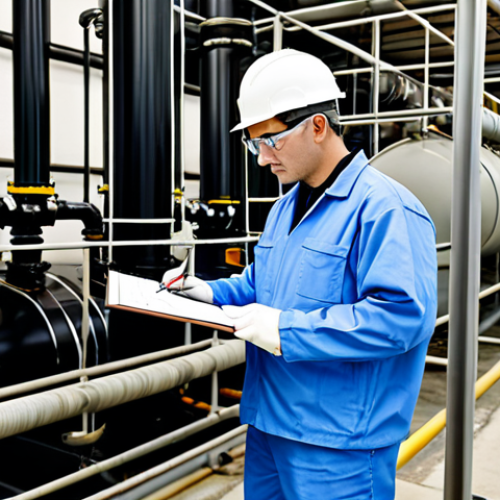 Home 21 Waste Water Treatment Plant**
"A fully clothed environmental engineer inspecting equipment at a wastewater treatment plant. Modest work attire, safety glasses, holding a clipboard. Background includes pipes, tanks, and machinery. Perfect anatomy, correct proportions, natural pose, safe for work, appropriate content, professional, high quality."
**