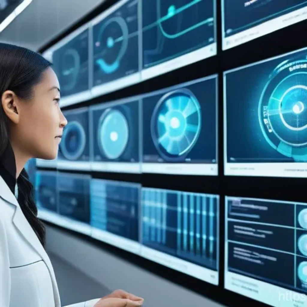 환경기술 실무 사례 분석 - **AI-Powered Environmental Command Center:** A futuristic, bright control room filled with large, tr...