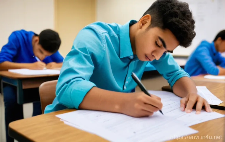 환경기사 실기시험 주의사항 - A focused student, approximately 20-25 years old, intently solving a complex environmental engineeri...