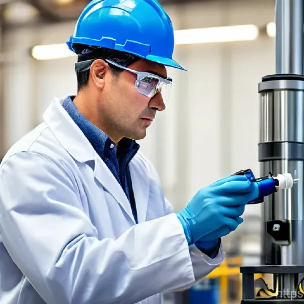 환경보건 실기 준비 사례 - A focused environmental health professional, wearing a clean lab coat, safety goggles, and protectiv...