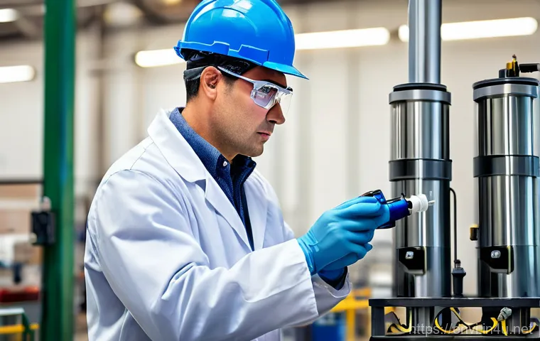 환경보건 실기 준비 사례 - A focused environmental health professional, wearing a clean lab coat, safety goggles, and protectiv...