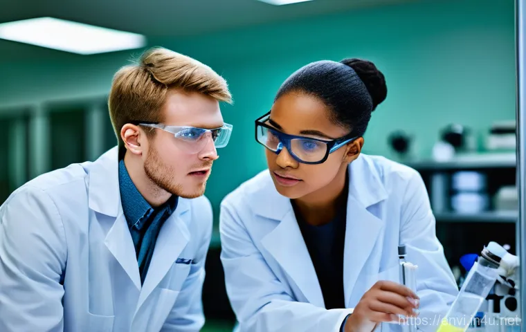 환경보건 실기 준비 사례 - A focused environmental health professional, wearing a clean lab coat, safety goggles, and protectiv... 환경보건 실기 준비 사례 - A focused environmental health professional, wearing a clean lab coat, safety goggles, and protectiv...