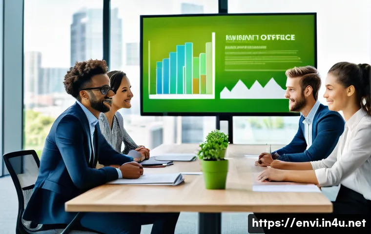 환경 관련 인턴십 경험 공유 - **Prompt:** A diverse group of young, enthusiastic professionals, both male and female, in a bright,...