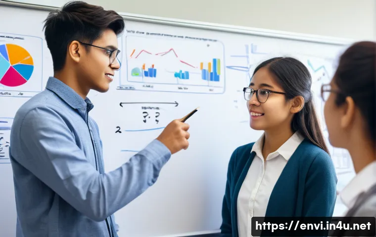 환경산업기사 시험준비 그룹 - A diverse group of 4-5 university students, both male and female, in their early to mid-20s, activel...